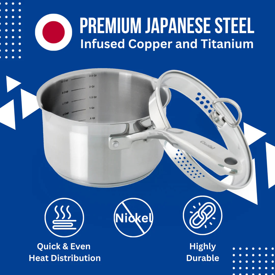 Chantal Induction 21 Steel Saucepan with Pour Spout and Strainer (2.5 Qt.)
