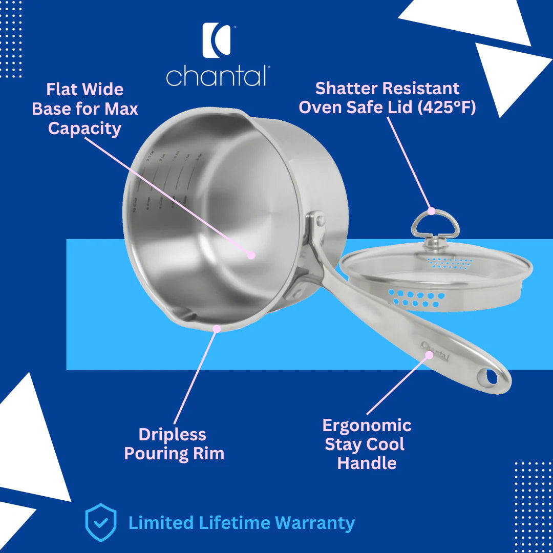 Chantal Induction 21 Steel Saucepan with Pour Spout and Strainer (2.5 Qt.)