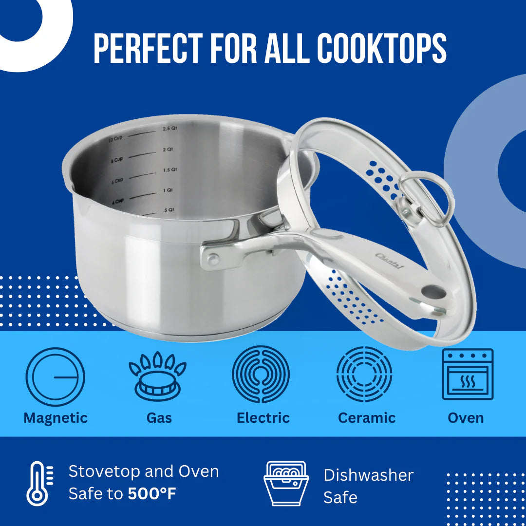 Chantal Induction 21 Steel Saucepan with Pour Spout and Strainer (2.5 Qt.)