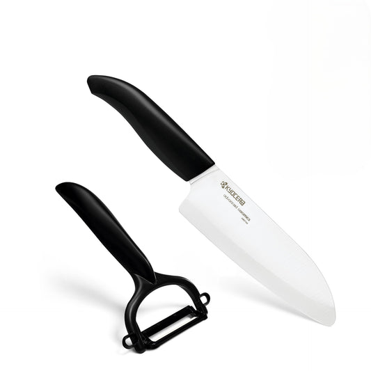 Kyocera 5.5" Ceramic Santoku Knife and Ceramic Y Peeler Set- Black/White