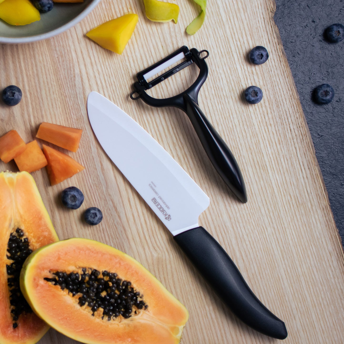 Kyocera 5.5" Ceramic Santoku Knife and Ceramic Y Peeler Set- Black/White