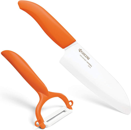 Kyocera 5.5" Ceramic Santoku Knife and Ceramic Y Peeler Set - Orange/White