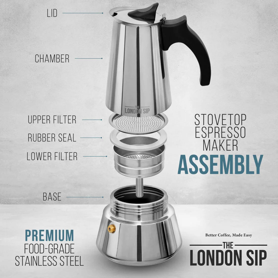 The London Sip Stainless Steel Stovetop Espresso Coffee Maker - 6 cup