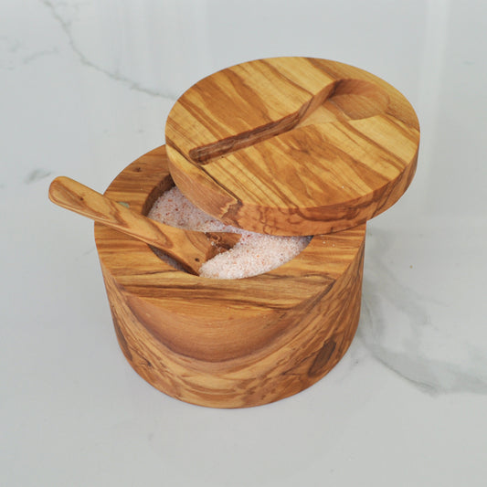 Olive Wood Salt Cellar Large w/ Inset Spoon